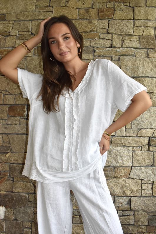 Benji Linen Wave Y Tee White